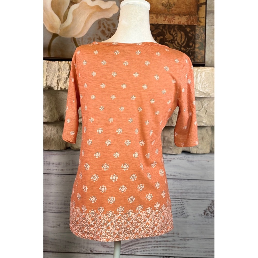 Loft Outlet Soft Orange Floral Border Print Cotton Elbow Sleeve Top Small - Picture 2 of 6